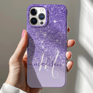 Funda Para iPhone 12 Nombre de monograma con brillo púrpura femenino
