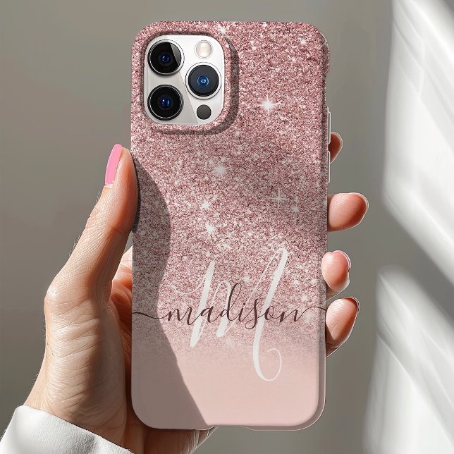 Funda De Case-Mate Para iPhone Nombre de monograma con brillo rosa niña (Subido por el creador)