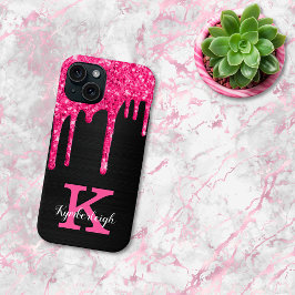 Funda Para iPhone 15 Nombre de monograma con gotas de purpurina rosa