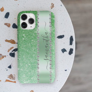 Funda Para iPhone 13 Pro Max Nombre de Monograma de Caligrafía con Brillo Verde