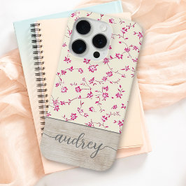 Funda Para iPhone 15 Pro Nombre de monograma de escritura floral de madera