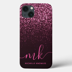 Funda Para iPhone 13 Nombre de monograma de letra moderna con brillo ro