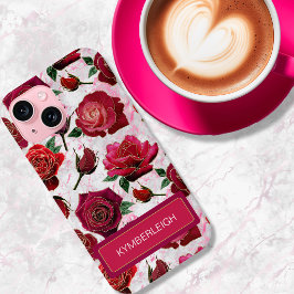 Funda Para iPhone 15 Nombre de monograma de mármol de rosas púrpura ros