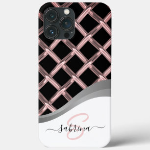 Funda Para iPhone 13 Pro Max Nombre de monograma de metal negro y plata elegant