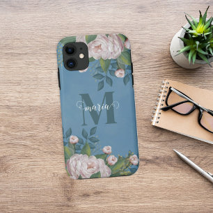Funda Para iPhone 11 Nombre de Monograma de Rosa Floral Elegante Rosa V