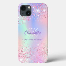 Funda Para iPhone 14 De Case-Mate Nombre de monograma del purpurina holográfico rosa