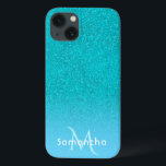 Funda Para iPhone 13 Nombre de monograma del purpurina verde azul verde<br><div class="desc">Gradiente purpurina verde azulado,  verde azul falso. Plantilla para su nombre y letra de monograma. Letras de color blanco y verde azulado.</div>