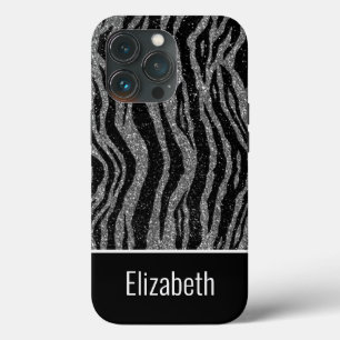 Funda Para iPhone 13 Pro Nombre de monograma  Estampado de cebra negro gris