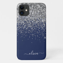 Funda Para iPhone 11 Nombre de monograma femenino con brillo azul marin