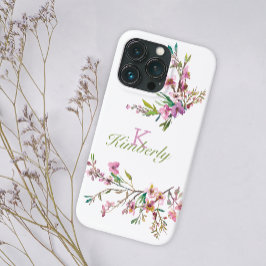 Funda Para iPhone 13 Pro Nombre de monograma floral de cerezo rosa