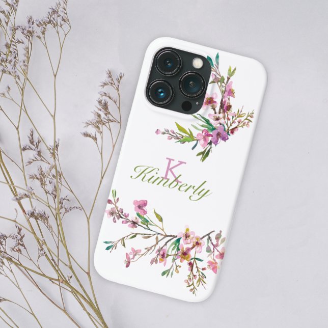 Funda De Case-Mate Para iPhone Nombre de monograma floral de cerezo rosa (Subido por el creador)