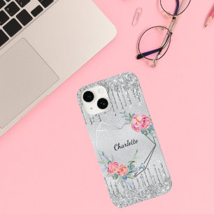 Funda Para iPhone 14 De Case-Mate Nombre de monograma floral de purpurina rosado pla