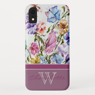 Funda Para iPhone XR Nombre de monograma floral y mariposa moderna con 