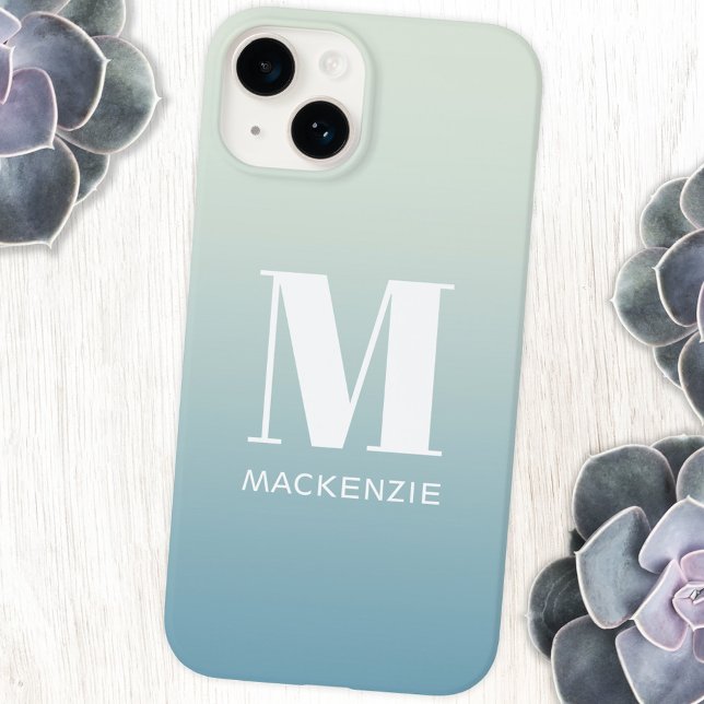Funda De Case-Mate Para iPhone Nombre de monograma Gradiente simple personalizado (Simple monogram name teal blue green gradient personalized cell phone case)
