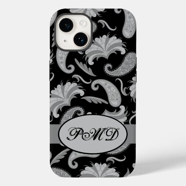 Funda De Case-Mate Para iPhone Nombre de monograma moderno gris oscuro paisley (Reverso )
