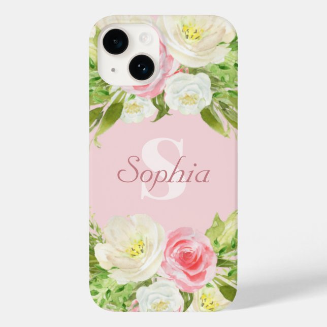 Funda De Case-Mate Para iPhone Nombre de monograma personalizado Floral acuarela  (Reverso )