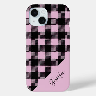 Funda Para iPhone 15 Nombre de patrón de cuadros escoceses rosa moderno