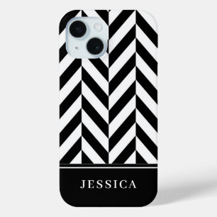 Funda Para iPhone 15 Nombre de Patrón de Rayas Negras y Blancas Elegant