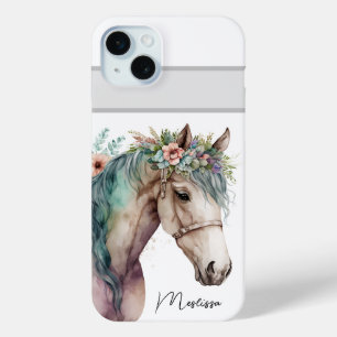 Funda Para iPhone 15 Mini Nombre de Personalizable Cute Watercolor Horse