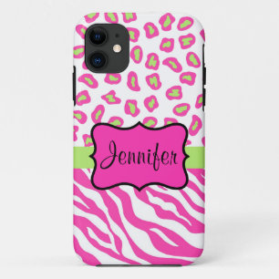 Funda Para iPhone 11 Nombre de piel de leopardo de cebra blanco rosa pe