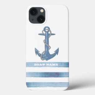 Funda Para iPhone 13 Nombre del barco náutico, Ancla,Rope,Rayas azules 