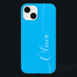 Funda Para iPhone 14 De Case-Mate Nombre del guión de caligrafía elegante azul blanc<br><div class="desc">Blue White Elegant Caligraphy Script Personalizado Nombre personalizado iPhone 14 Smart Phone Cases presenta un diseño moderno,  sencillo y elegante con su nombre personalizado en una tipografía de caligrafía escrita a mano elegante con un fondo azul. Diseñado por ©Evco Studio www.zazzle.com/store/evcostudio</div>