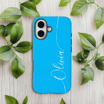 Funda Para iPhone 14 De Case-Mate Nombre del guión de caligrafía elegante azul blanc<br><div class="desc">Blue White Elegant Caligraphy Script Personalizado Nombre personalizado iPhone 14 Smart Phone Cases presenta un diseño moderno,  sencillo y elegante con su nombre personalizado en una tipografía de caligrafía escrita a mano elegante con un fondo azul. Diseñado por ©Evco Studio www.zazzle.com/store/evcostudio</div>