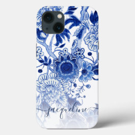 Funda Para iPhone 13 Nombre del guión floral asiático azul en blanco ch