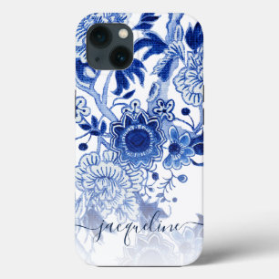 Funda Para iPhone 13 Nombre del guión floral asiático azul en blanco ch