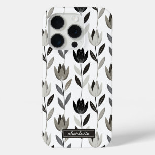 Funda Para iPhone 15 Pro Nombre del monograma Boho Tulips dibujado a mano m