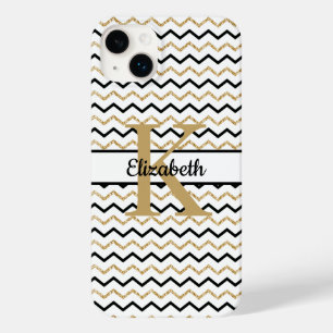Funda Para iPhone 14 Plus De Case-Mate Nombre del Monograma Chevron de oro negro inicial 