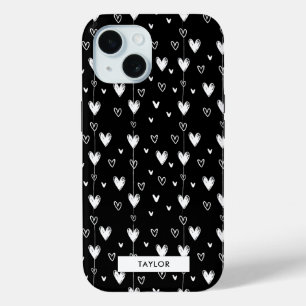 Funda Para iPhone 15 Nombre del monograma del patrón de corazón blanco 