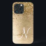 Funda Para iPhone 13 Pro Nombre del monograma del Purpurina Metalizado cepi<br><div class="desc">Personaliza fácilmente este diseño de estuche de teléfono de moda de moda con purpurina brillante de oro en bonito sobre fondo metálico cepillado de oro.</div>