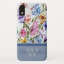 Funda Para iPhone XR Nombre del monograma floral y mariposa azul modern