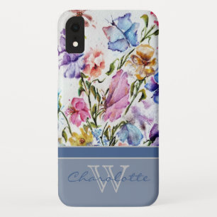 Funda Para iPhone XR Nombre del monograma floral y mariposa azul modern