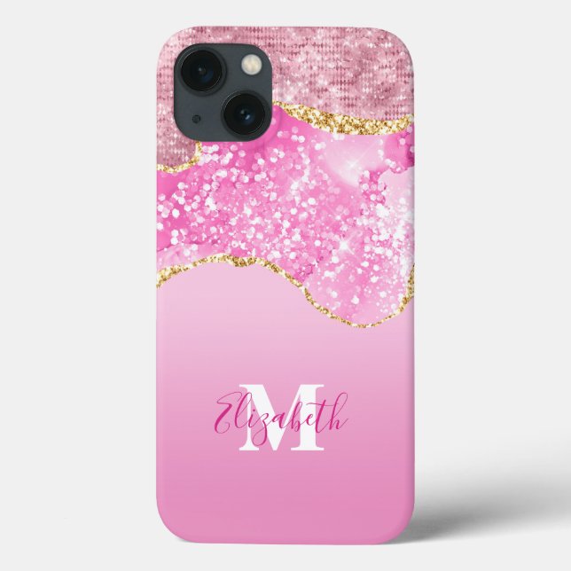 Funda De Case-Mate Para iPhone Nombre del monograma Purpurina inicial de Glam Bli (Reverso)