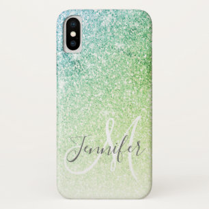 Funda Para iPhone X Nombre del monograma Rubor del Purpurina verde gir