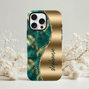 Funda Para iPhone 13 Nombre del patrón de follaje tropical verde dorado