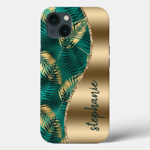 Funda Para iPhone 13 Nombre del patrón de follaje tropical verde dorado