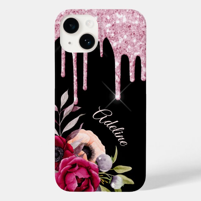 Funda De Case-Mate Para iPhone Nombre del purpurina de flores rosadas negras (Reverso )