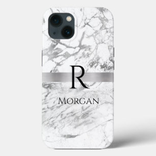 Funda Para iPhone 13 Nombre DIY y Monograma Blk Textos, Mármol blanco y