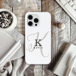 Funda Para iPhone 15 Pro Max Nombre elegante con monograma caligráfico sobre bl<br><div class="desc">Elegante y bello, este diseño de estuche para iPhone monograma único muestra la inicial de su primer nombre en un simple tipo de letra serif y un elegante tipo de letra caligráfica en el fondo. Su nombre se muestra debajo de su monograma inicial en este diseño personalizado de tipografía única....</div>