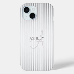 Funda Para iPhone 15 Nombre Elegante Monograma y Franjas Ombre Grises F