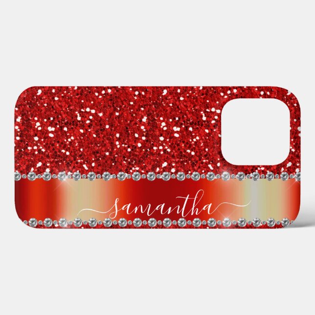 Funda De Case-Mate Para iPhone Nombre escrito a mano Purpurina de diamantes rojos (Reverso  (Horizontal))