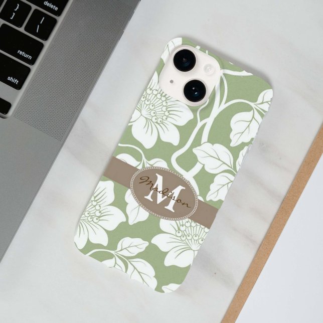 Funda De Case-Mate Para iPhone Nombre floral verde y marrón e inicial (Subido por el creador)