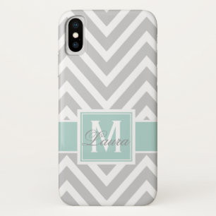 Funda Para iPhone X Nombre gris del monograma de Chevron de la verde