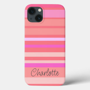 Funda Para iPhone 13 Nombre Guión rayado rosado