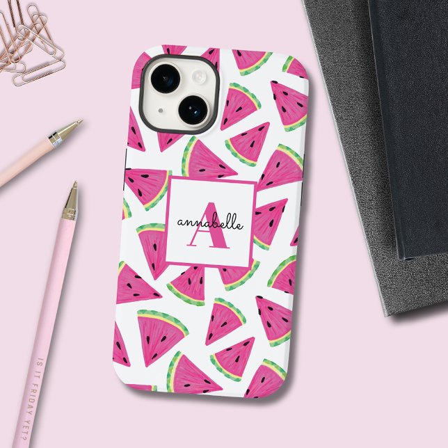 Funda De Case-Mate Para iPhone Nombre inicial del patrón de sandía rosa (Colorful, girly, watermelon pattern phone case with customizable text for initial and first name.)