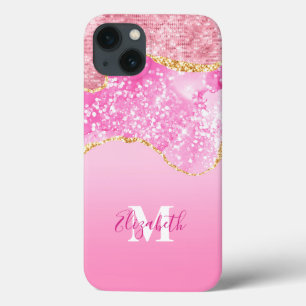 Funda Para iPhone 13 Nombre Inicial Monograma Rosa Oro Glam Brillante