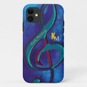 Funda Para iPhone 11 nombre iniciales clave nota de música azul